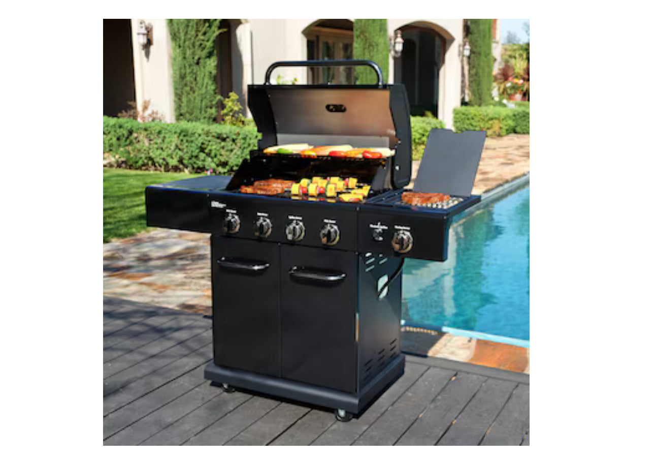 Black with Chrome Accents 4-Burner Liquid Propane Gas Grill with 1 Side Burner