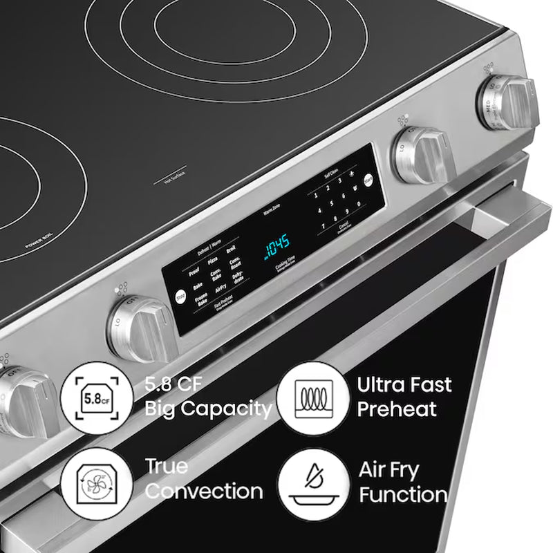 30-In Glass Top 5 Burners 5.8-Cu Ft Self & Steam Cleaning Air Fry Convection Oven Slide-In Electric Range (Stainless Steel)