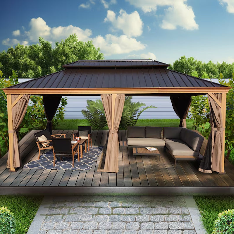 12-Feet X 16 Gazebo Square Brown Metal Steel Roof Permanent Gazebo with Screen Included