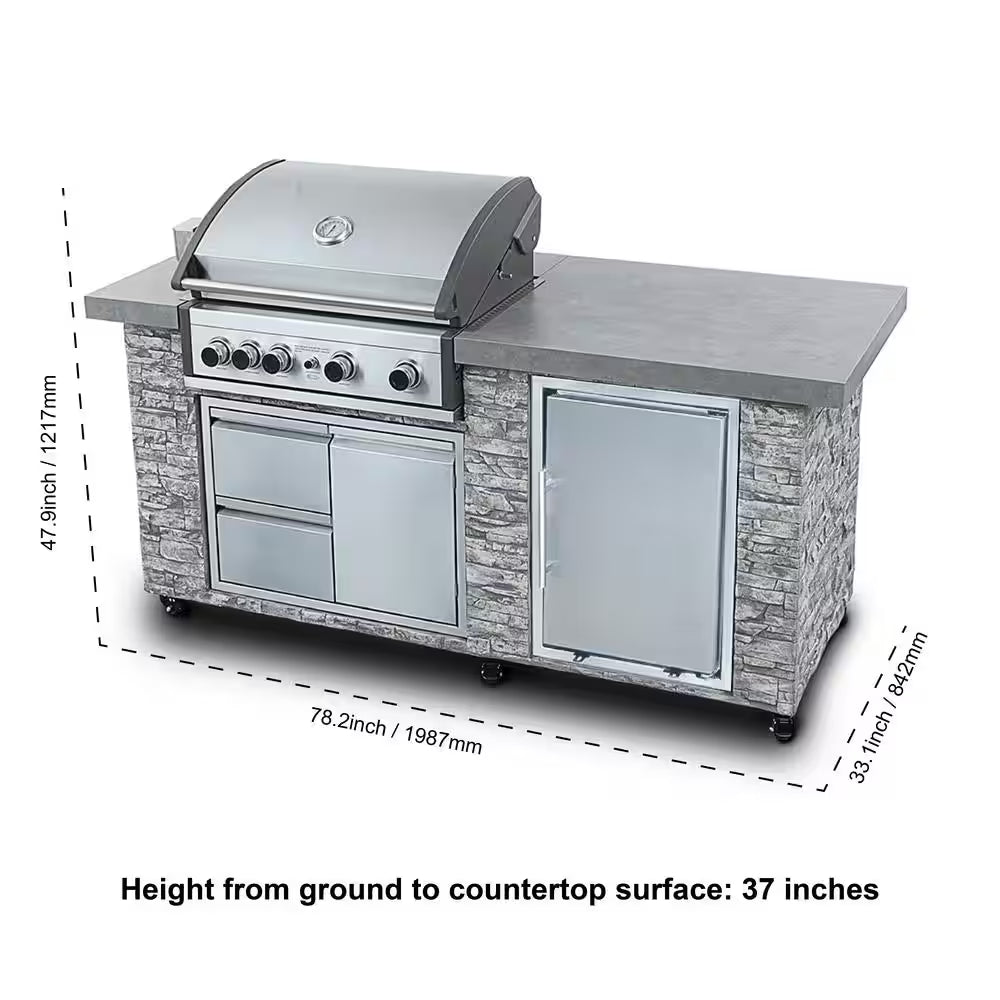 78 In. Pro Elite 5-Burner European Ledge Propane Gas Grill Island in Gray