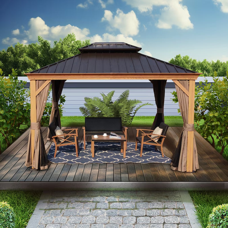 12-Feet X 16 Gazebo Square Brown Metal Steel Roof Permanent Gazebo with Screen Included