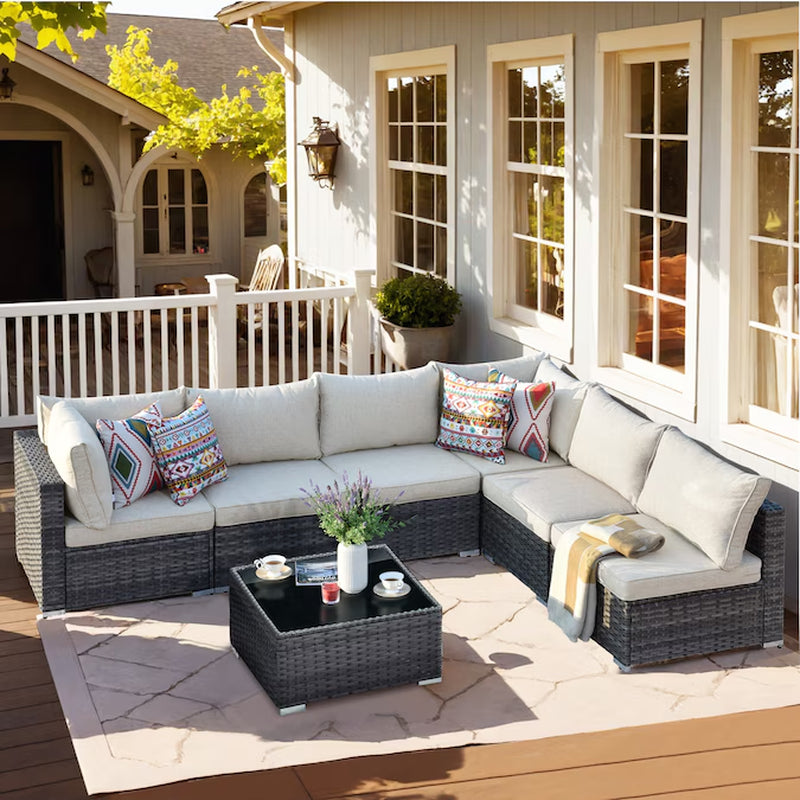 Wicker Outdoor Sectional with Orange Cushions and Iron Frame