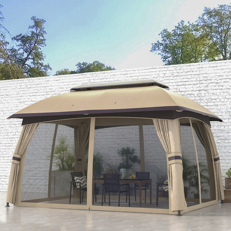 9.83-Feet X 13-Feet 10' X 13' Patio Gazebo Rectangle Beige Metal Polyester Roof Semi-Permanent Gazebo