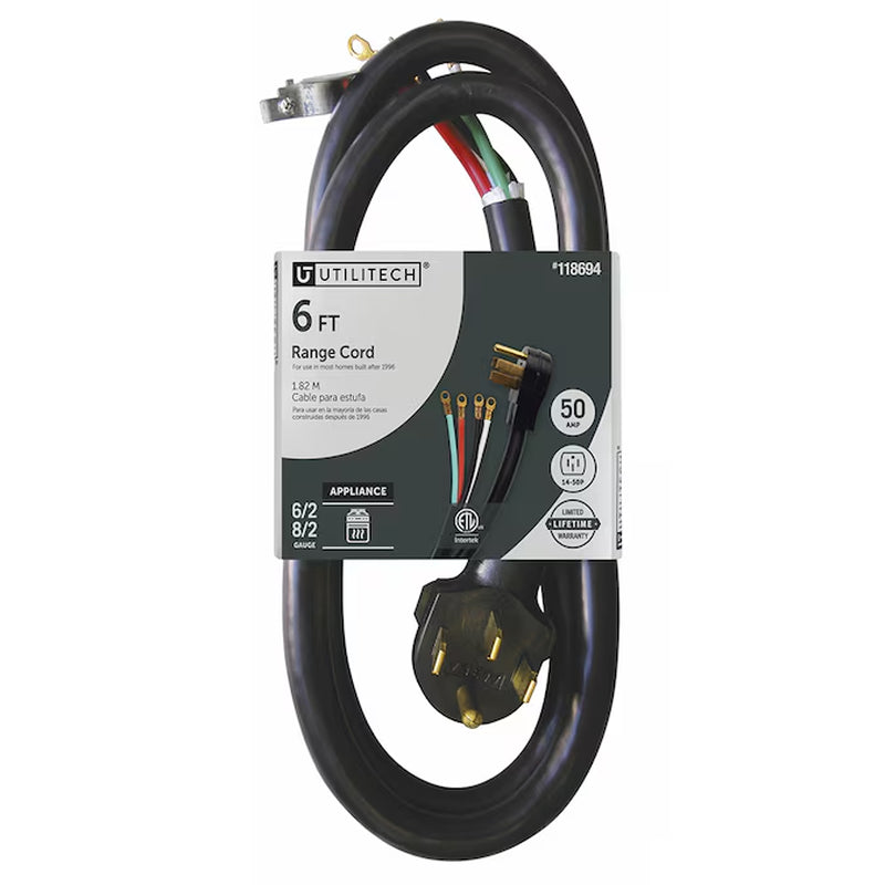 Appliance Power Cord 6-Ft 50 -Amp 4 -Prong Black Range Appliance Power Cord