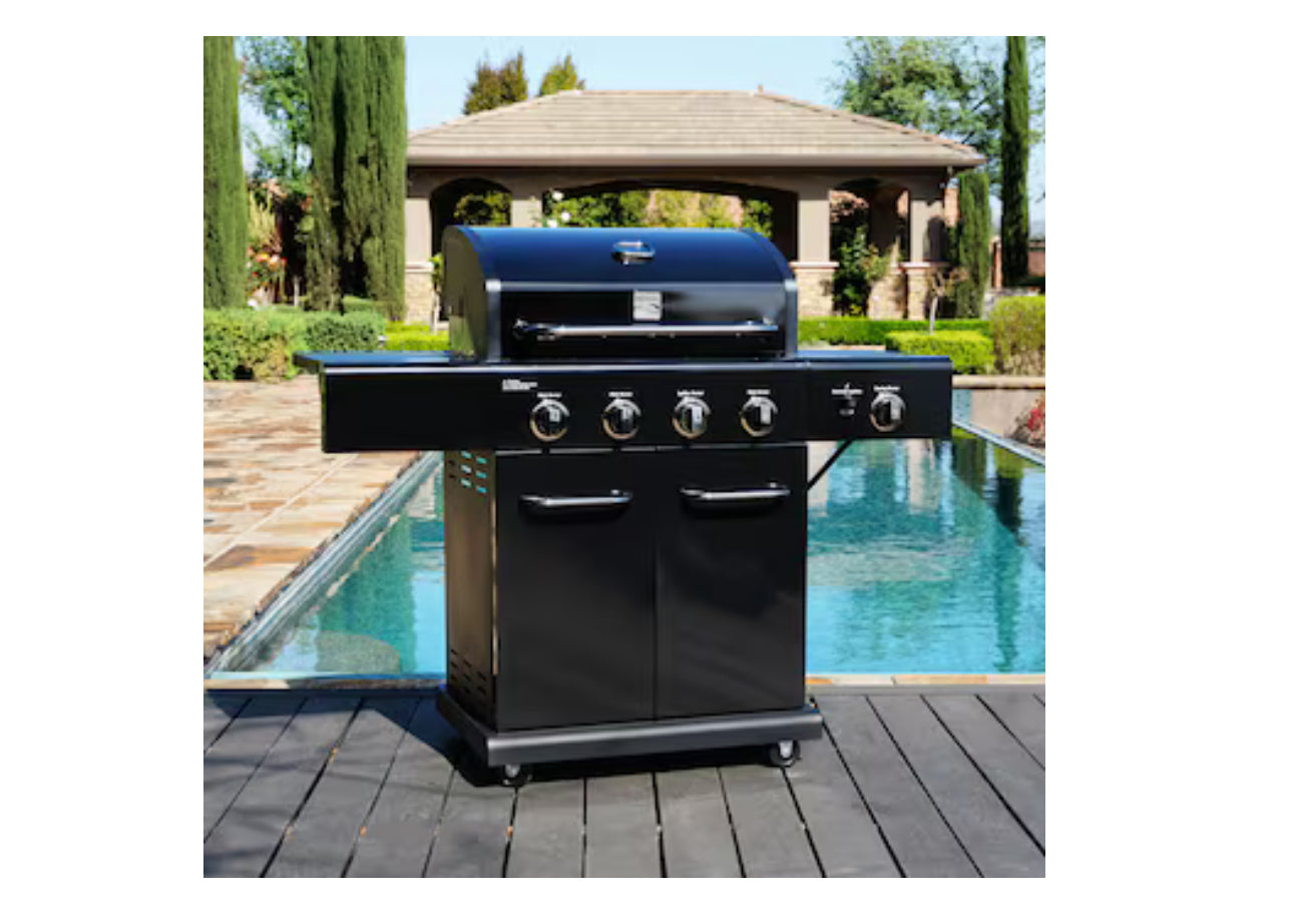 Black with Chrome Accents 4-Burner Liquid Propane Gas Grill with 1 Side Burner