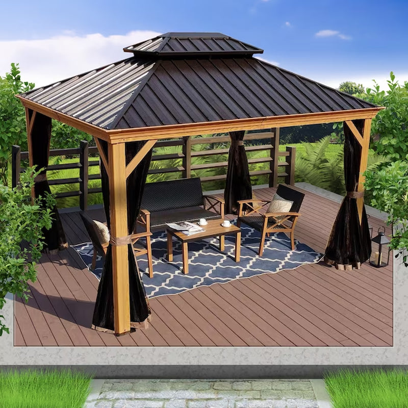 12-Feet X 16 Gazebo Square Brown Metal Steel Roof Permanent Gazebo with Screen Included