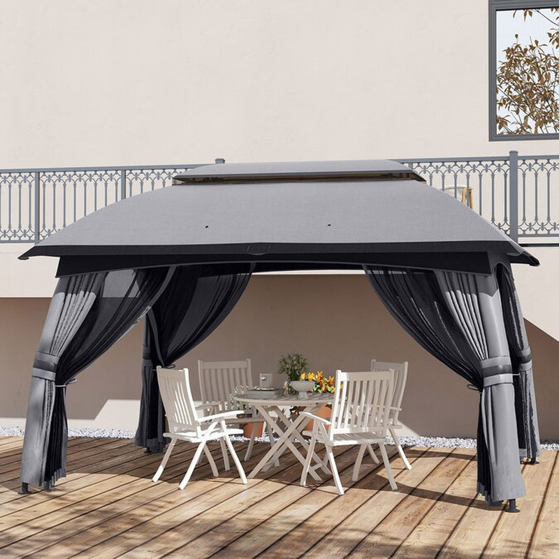 9.83-Feet X 13-Feet 10' X 13' Patio Gazebo Rectangle Gray Metal Polyester Roof Semi-Permanent Gazebo