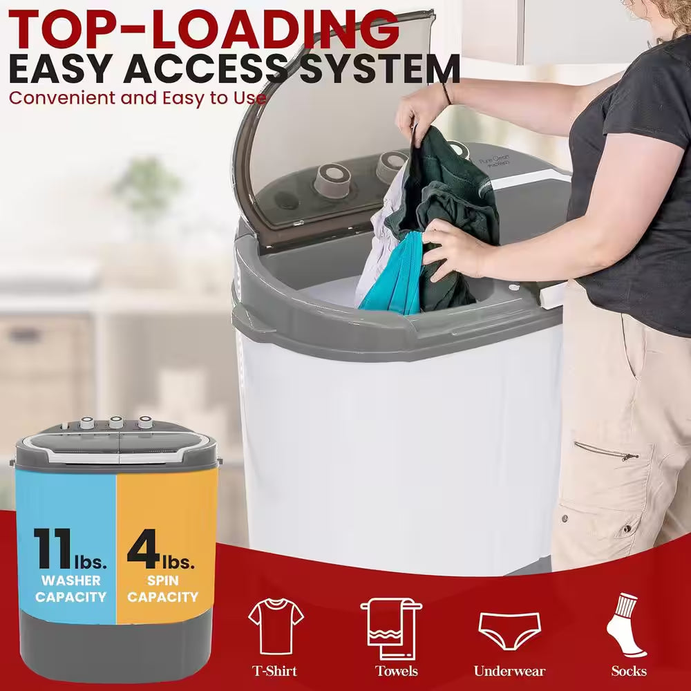 4.21 Cu. Ft. Portable Top Load Washer and Dryer Twin Tubs 11 Lbs. Capacity Spin Cycle and Translucent Tub Window Gray