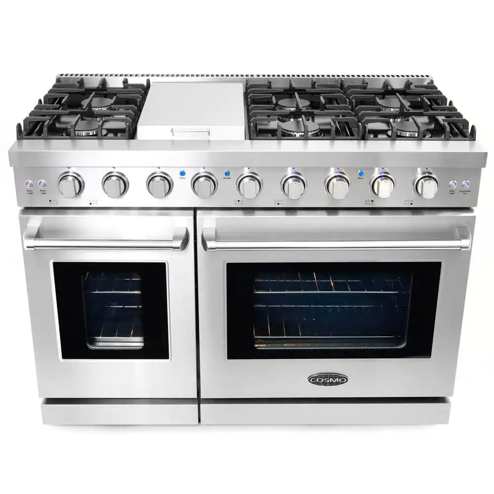 48 In. Haven Collection 6.8 Cu. Ft. Double Oven Gas Range, 6 Burners, Griddle, Convection, Knob Leds, Stainless Steel