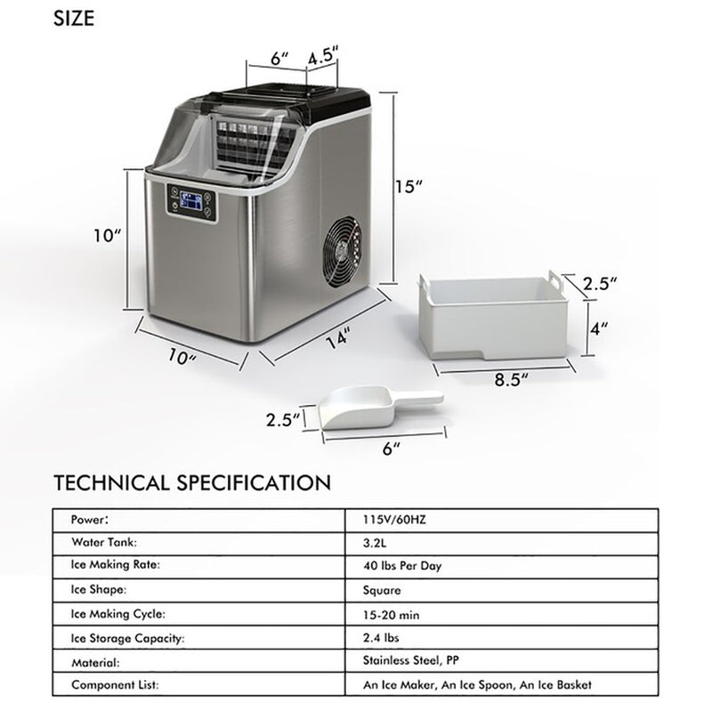 Electric Countertop Ice Maker 40-Lbs. Ice per Day Countertop or Portable Cubed Ice Maker ( Silver )