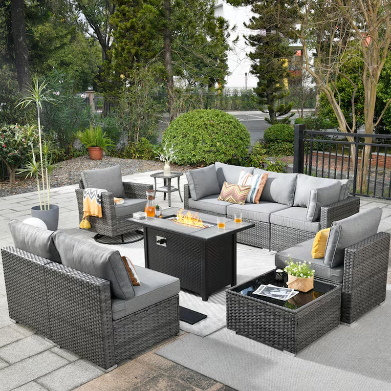 Rattan Outdoor Sectional with Dark Gray Cushions and Wicker Frame