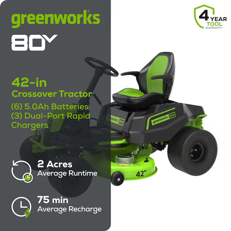 Crossover Tractor 42-Inches 80-Volt Lithium Ion Electric Riding Lawn Mower with ( 6 ) 5 Ah Batteries ( Charger Included )