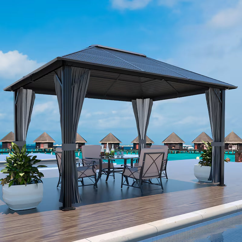 12-Feet X 10-Feet Hardtop Rectangle Black Metal Steel Roof Permanent Gazebo