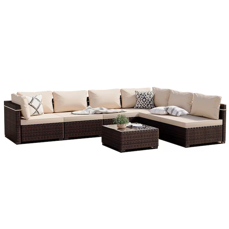 7-Piece Rattan Patio Conversation Set with Beige Cushions