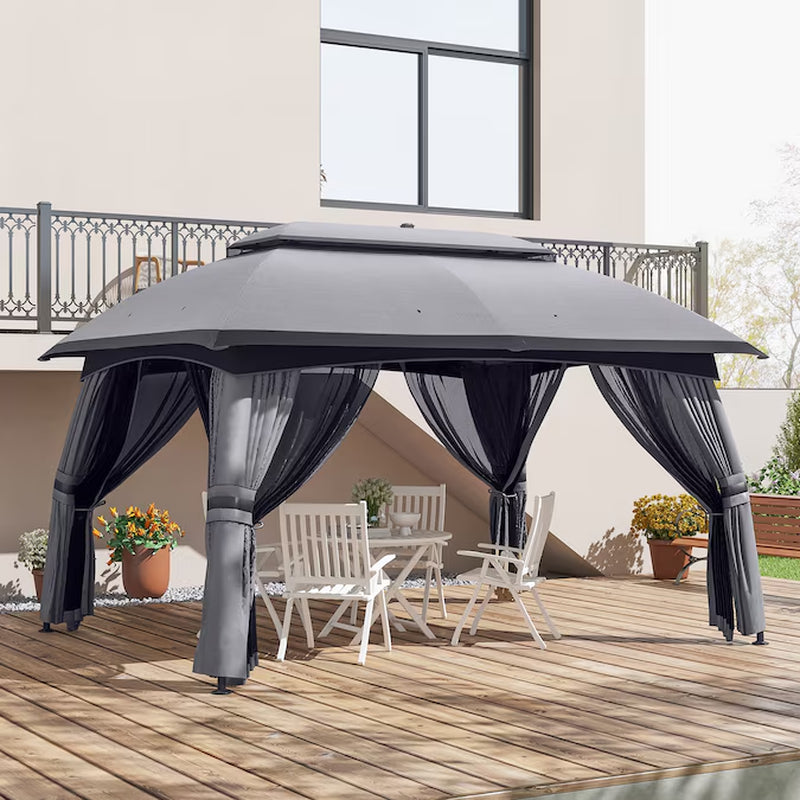 9.83-Feet X 13-Feet 10' X 13' Patio Gazebo Rectangle Gray Metal Polyester Roof Semi-Permanent Gazebo