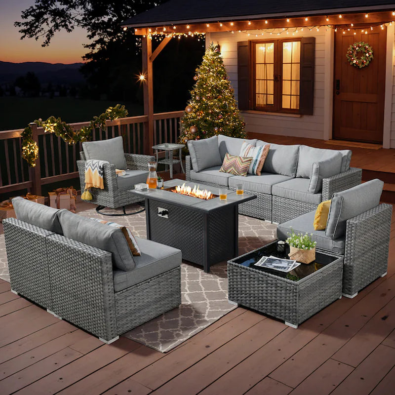 Rattan Outdoor Sectional with Dark Gray Cushions and Wicker Frame