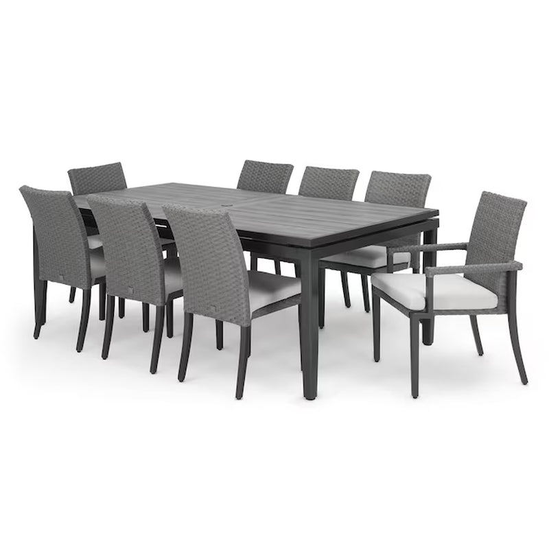 Vistano 9 -Piece Weathered Gray Wicker Patio Dining Set Wicker Rectangle Table with 8 Gray Cushions Stackable Stationary and Motion Chairs