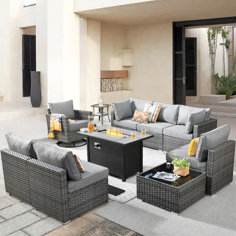 Rattan Outdoor Sectional with Dark Gray Cushions and Wicker Frame