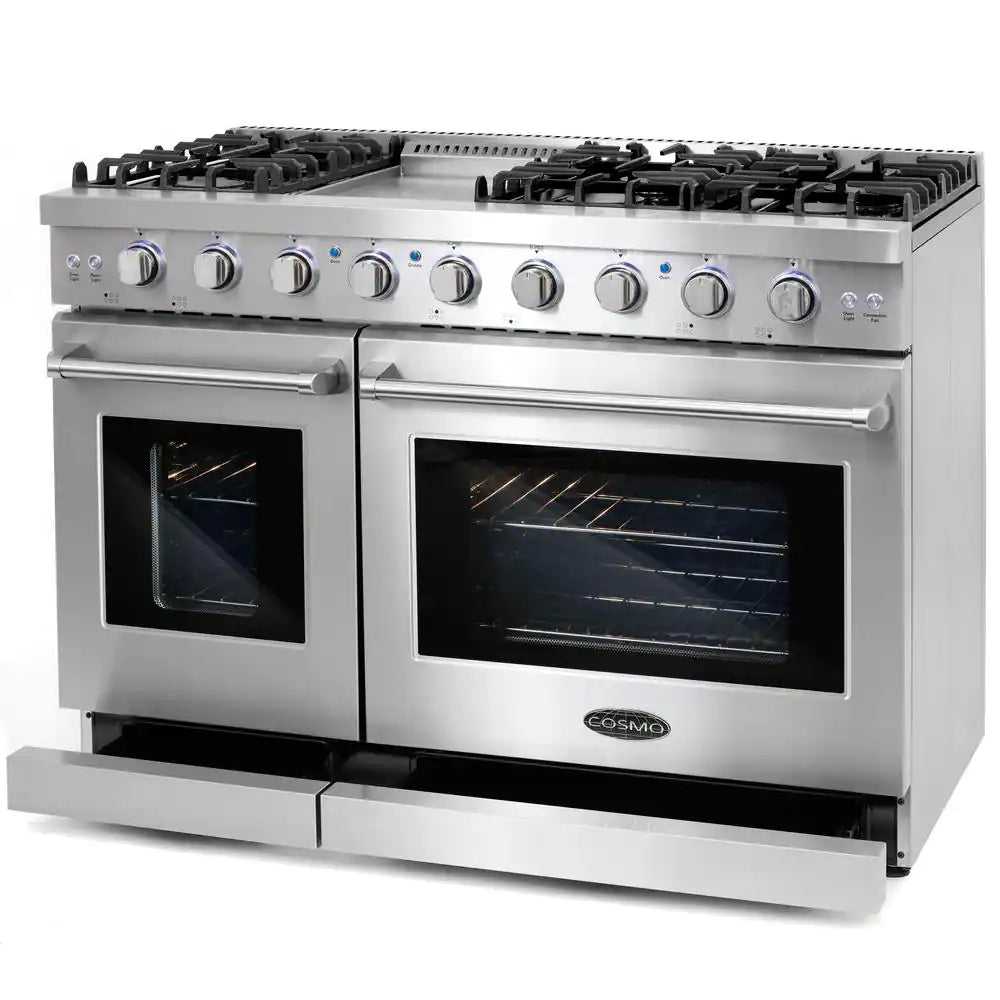 48 In. Haven Collection 6.8 Cu. Ft. Double Oven Gas Range, 6 Burners, Griddle, Convection, Knob Leds, Stainless Steel