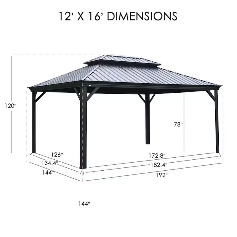 12-Feet X 16 Gazebo Square Brown Metal Steel Roof Permanent Gazebo with Screen Included