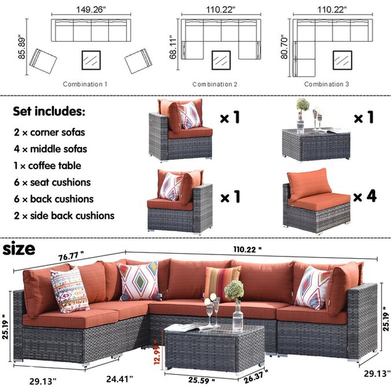 Wicker Outdoor Sectional with Orange Cushions and Iron Frame