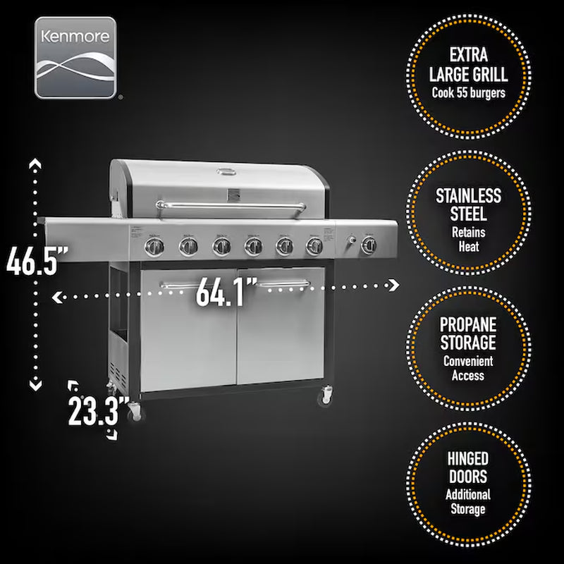 Stainless Steel 6-Burner Liquid Propane Gas Grill with 1 Side Burner