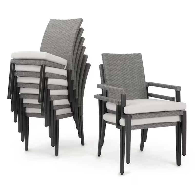 Vistano 9 -Piece Weathered Gray Wicker Patio Dining Set Wicker Rectangle Table with 8 Gray Cushions Stackable Stationary and Motion Chairs