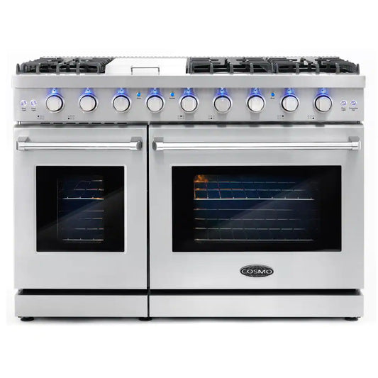 48 In. Haven Collection 6.8 Cu. Ft. Double Oven Gas Range, 6 Burners, Griddle, Convection, Knob Leds, Stainless Steel