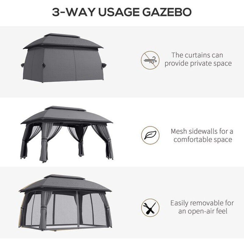 9.83-Feet X 13-Feet 10' X 13' Patio Gazebo Rectangle Gray Metal Polyester Roof Semi-Permanent Gazebo