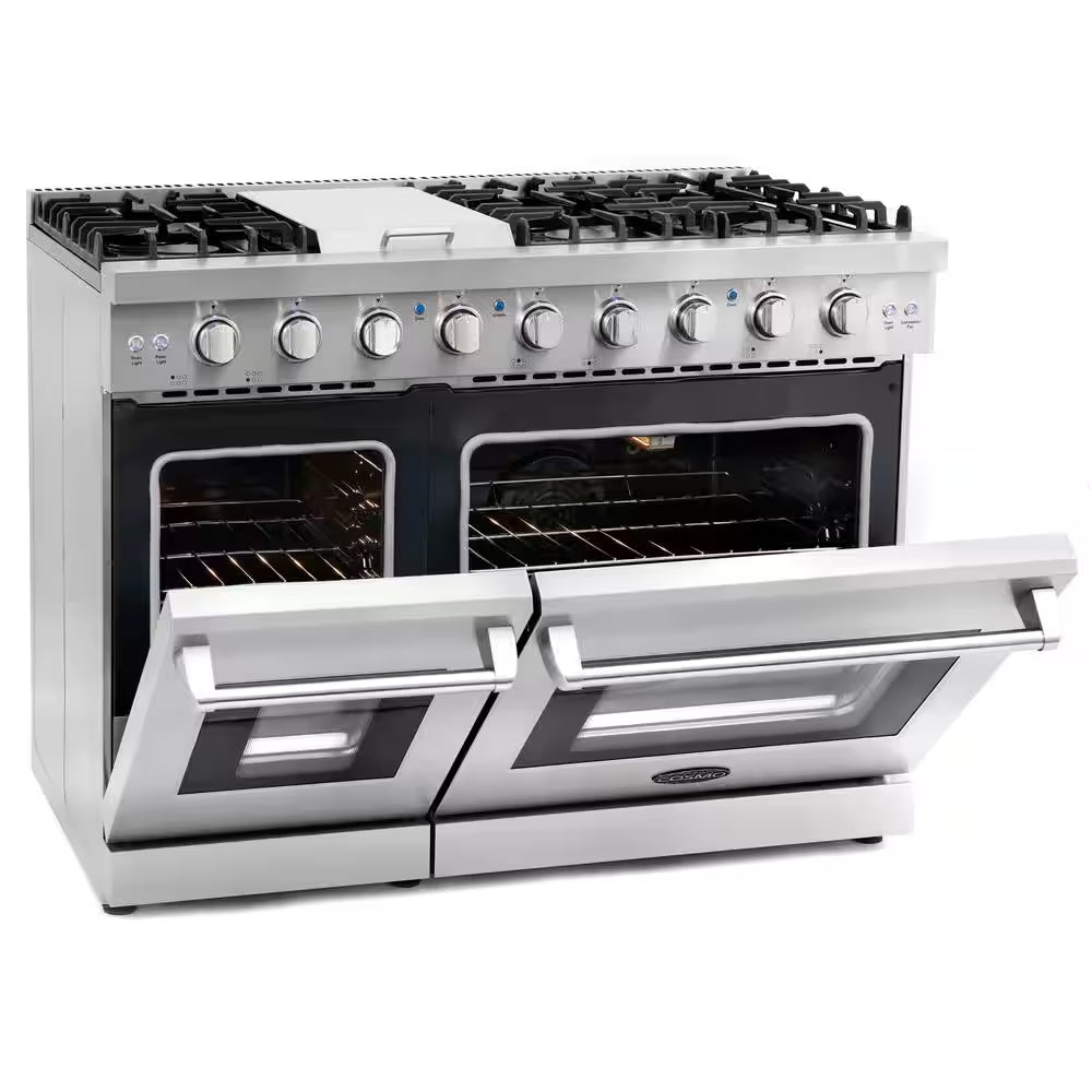 48 In. Haven Collection 6.8 Cu. Ft. Double Oven Gas Range, 6 Burners, Griddle, Convection, Knob Leds, Stainless Steel