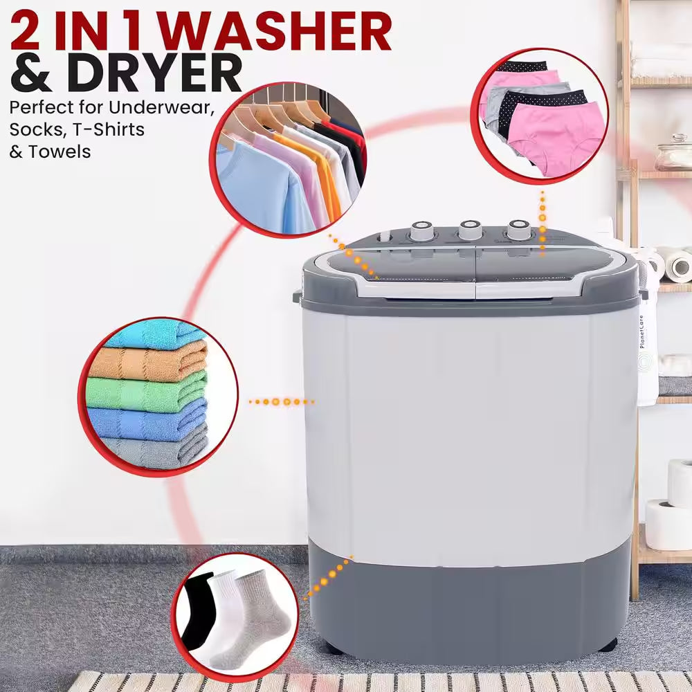 4.21 Cu. Ft. Portable Top Load Washer and Dryer Twin Tubs 11 Lbs. Capacity Spin Cycle and Translucent Tub Window Gray