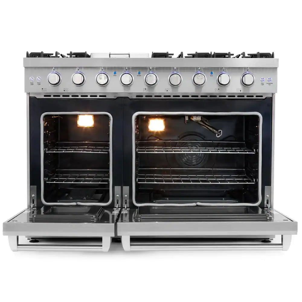 48 In. Haven Collection 6.8 Cu. Ft. Double Oven Gas Range, 6 Burners, Griddle, Convection, Knob Leds, Stainless Steel