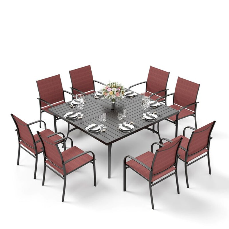 9 -Piece Black Patio Dining Set Steel Square Table with 8 Red Stationary Chairs