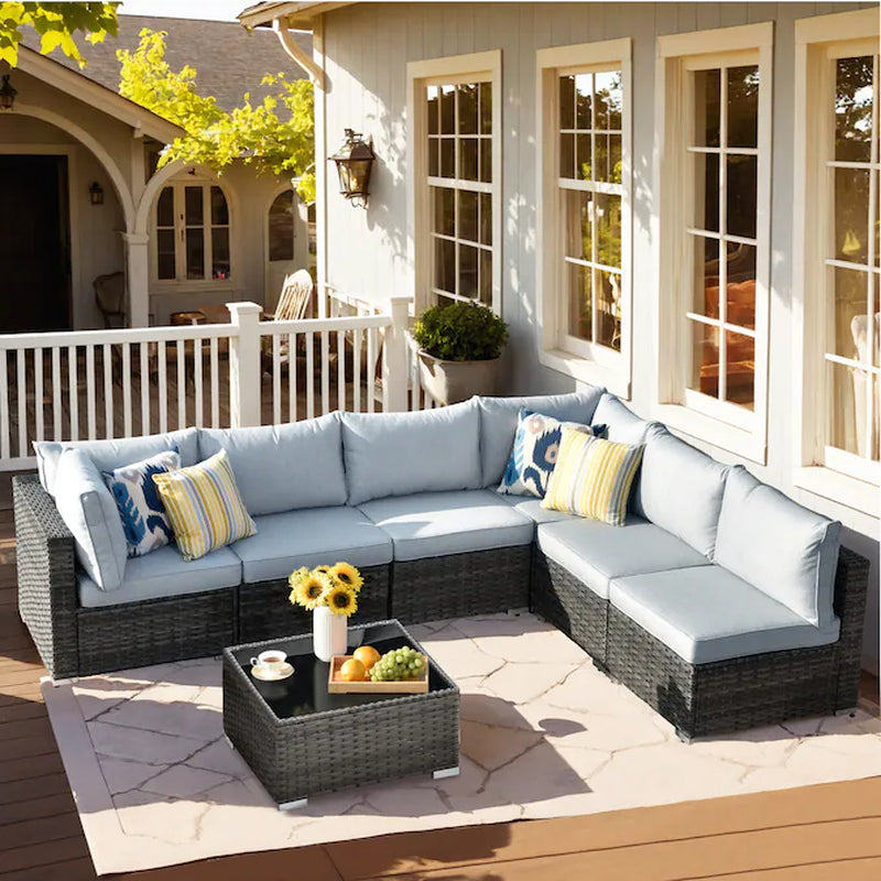 Wicker Outdoor Sectional with Orange Cushions and Iron Frame