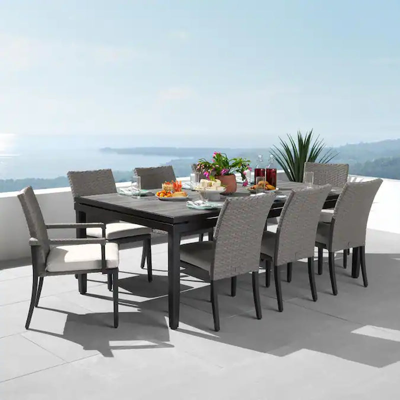 Vistano 9 -Piece Weathered Gray Wicker Patio Dining Set Wicker Rectangle Table with 8 Gray Cushions Stackable Stationary and Motion Chairs