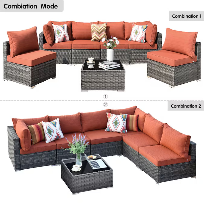 Wicker Outdoor Sectional with Orange Cushions and Iron Frame