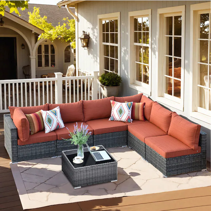 Wicker Outdoor Sectional with Orange Cushions and Iron Frame