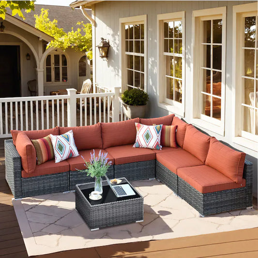 Wicker Outdoor Sectional with Orange Cushions and Iron Frame