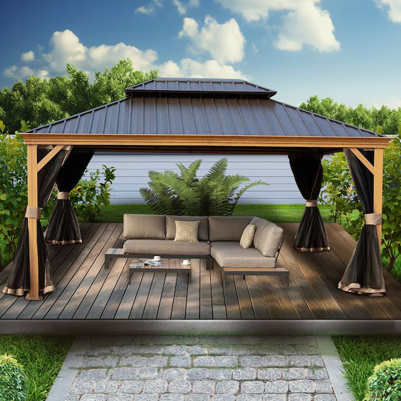 12-Feet X 16 Gazebo Square Brown Metal Steel Roof Permanent Gazebo with Screen Included