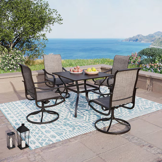 5 -Piece Black Patio Dining Set Steel Square Table with 4 Gray Swivel Chairs