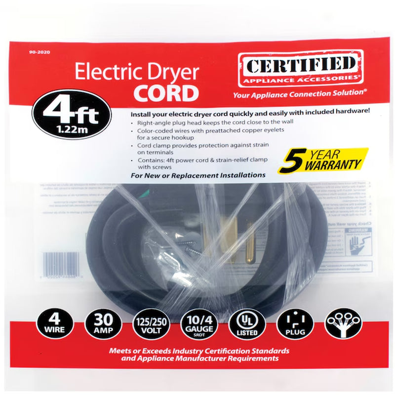 4-Ft 30 -Amp 4 -Prong Black Dryer Appliance Power Cord