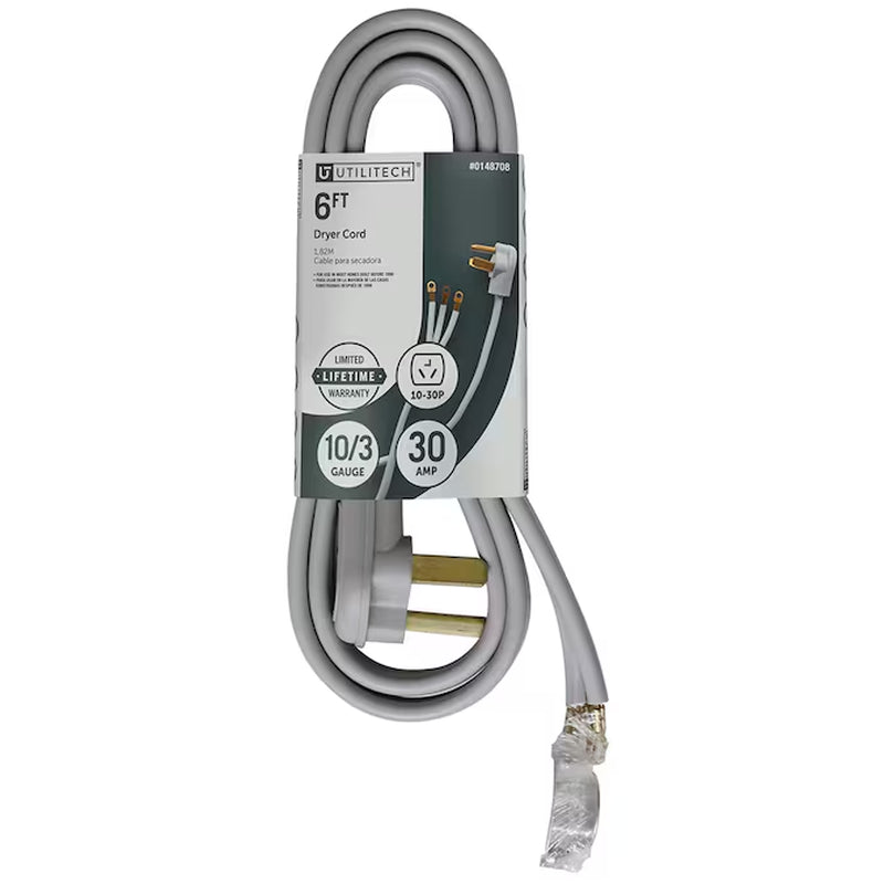 Appliance Cord 6-Ft 30 -Amp 3 -Prong Gray Dryer Appliance Power Cord