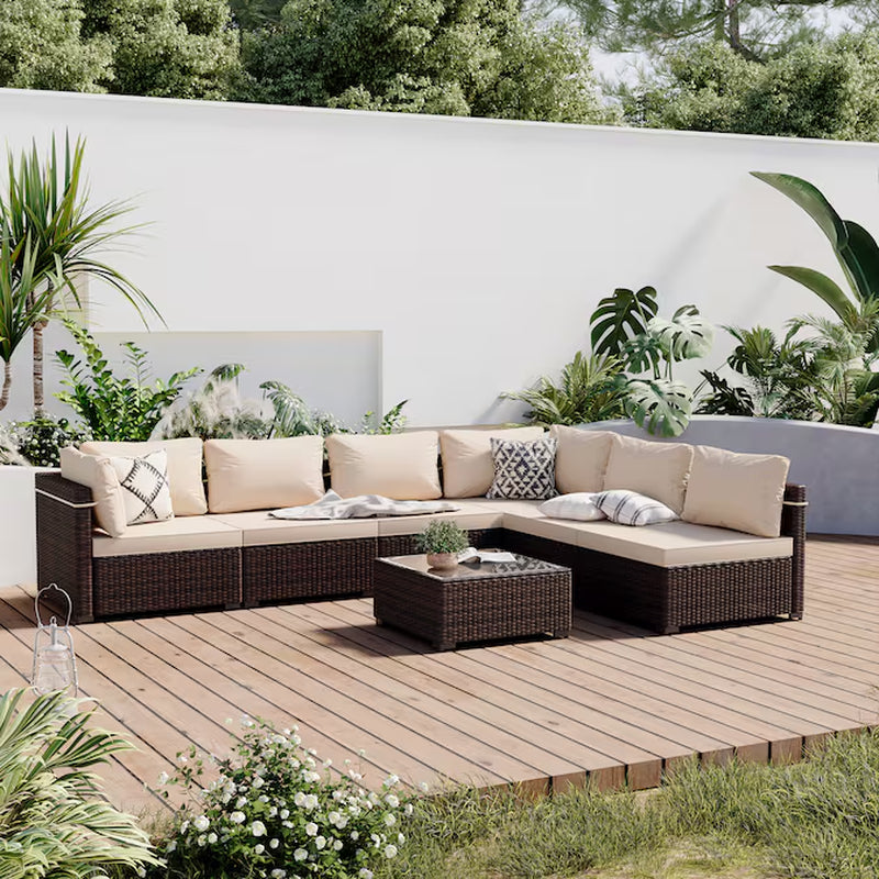 7-Piece Rattan Patio Conversation Set with Beige Cushions