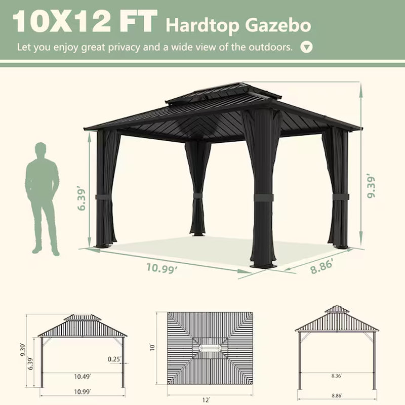 12-Feet X 10-Feet Hardtop Rectangle Black Metal Steel Roof Permanent Gazebo