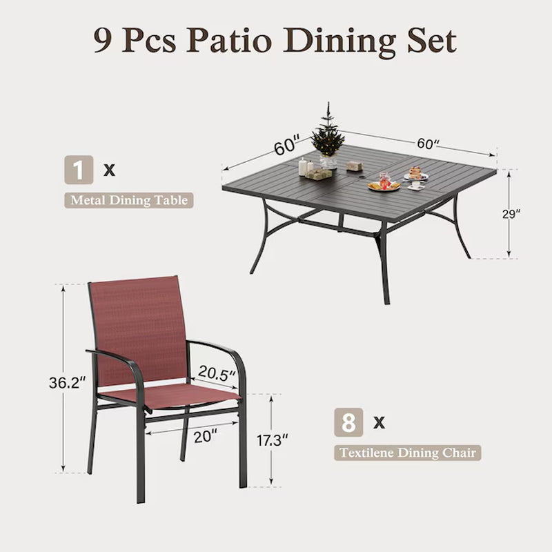 9 -Piece Black Patio Dining Set Steel Square Table with 8 Red Stationary Chairs