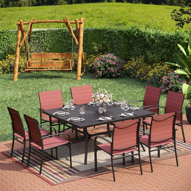 9 -Piece Black Patio Dining Set Steel Square Table with 8 Red Stationary Chairs