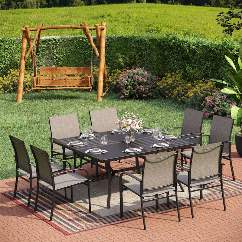 9 -Piece Black Patio Dining Set Steel Square Table with 8 Red Stationary Chairs