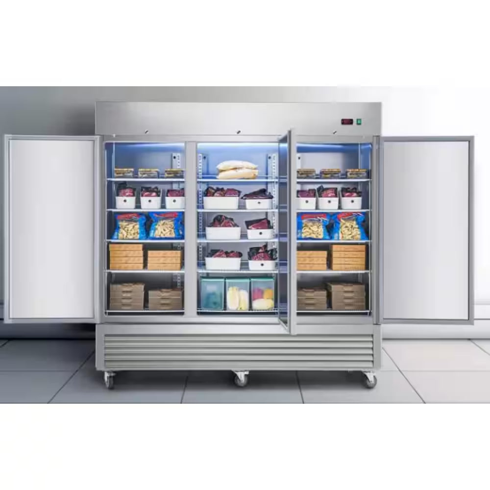 81 In. W 72 Cu. Ft. Auto / Cycle Defrost 3-Door Commercial Upright Reach-In Freezer in Stainless Steel