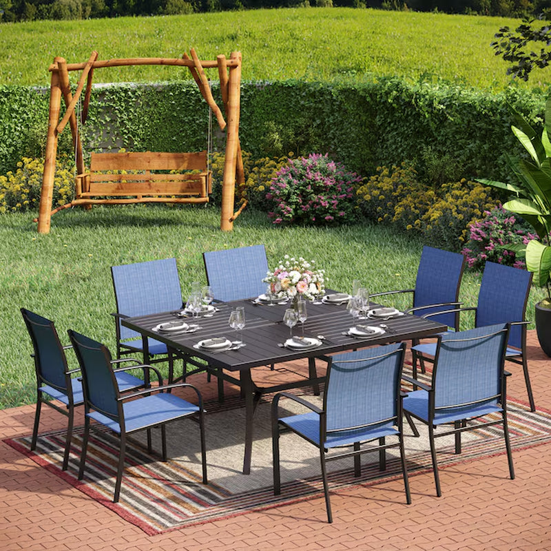 9 -Piece Black Patio Dining Set Steel Square Table with 8 Red Stationary Chairs